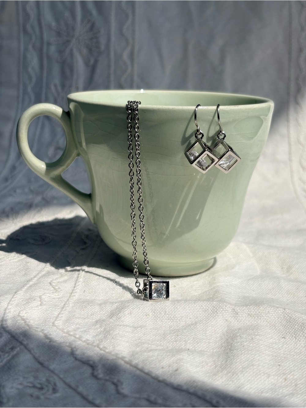 Silver Cube Crystal Necklace & Earrings Set